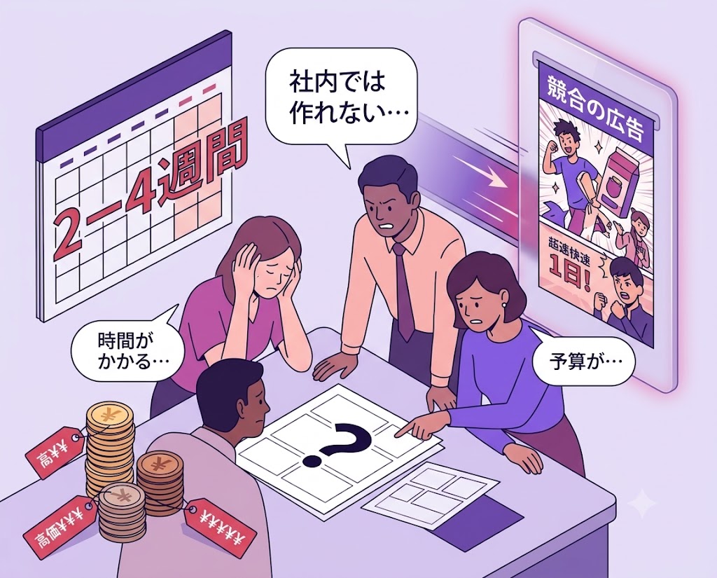マンガ広告の外注に時間とコストがかかり競合に先行される様子のイラスト