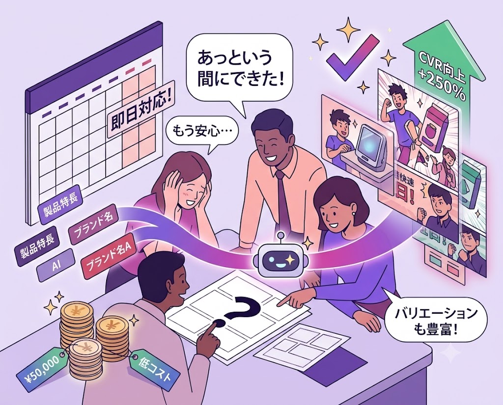 AIがコマ割り・セリフ・キャラクターを生成し複数バリエーションを書き出す様子のイラスト