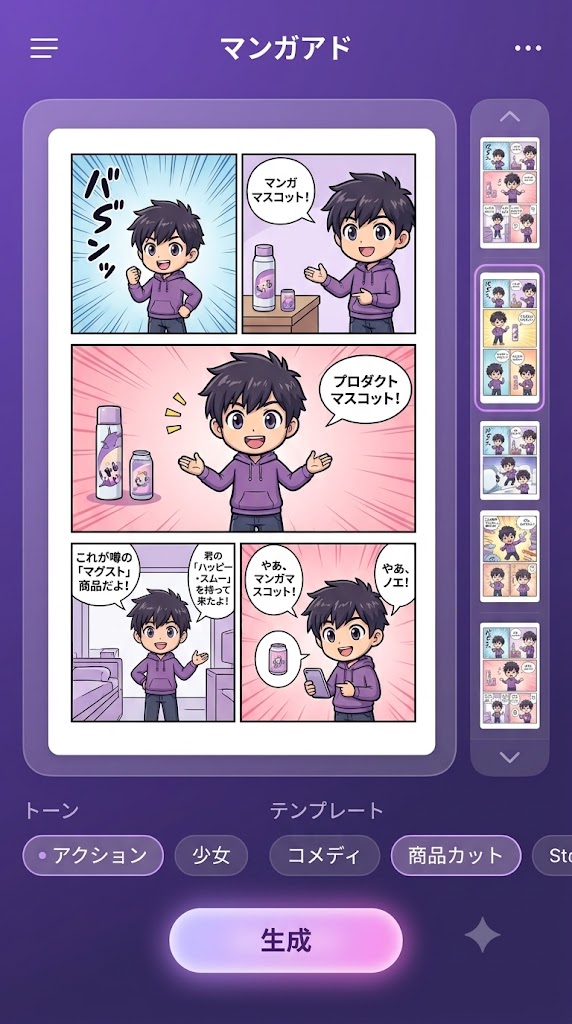 生成された縦読みWebtoon広告のプレビュー画面