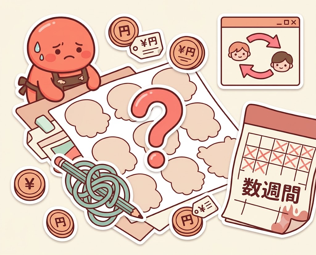 イラストが描けず外注のコストと納期に悩む店舗オーナーの様子のイラスト