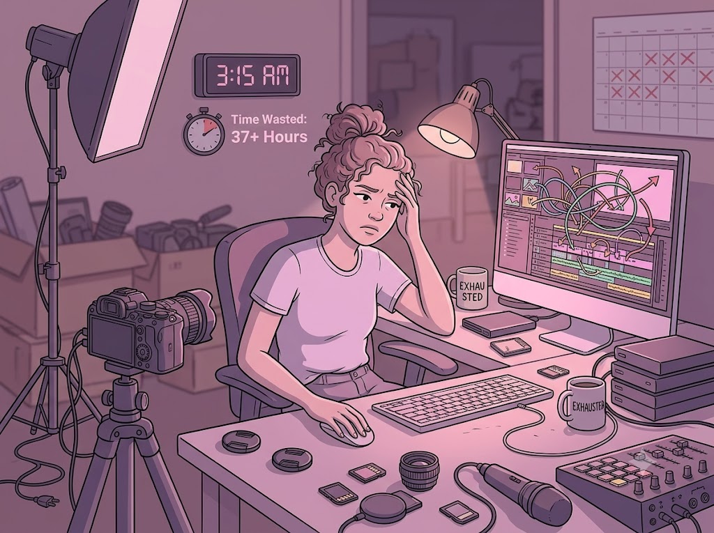 撮影・照明・編集に追われ最初の一本を撮れずにいる様子のイラスト