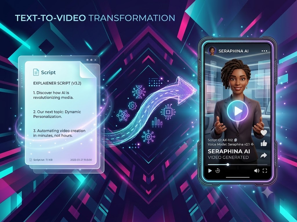 テキストを入力するだけでAIアバターの縦型動画が自動生成される様子のイラスト