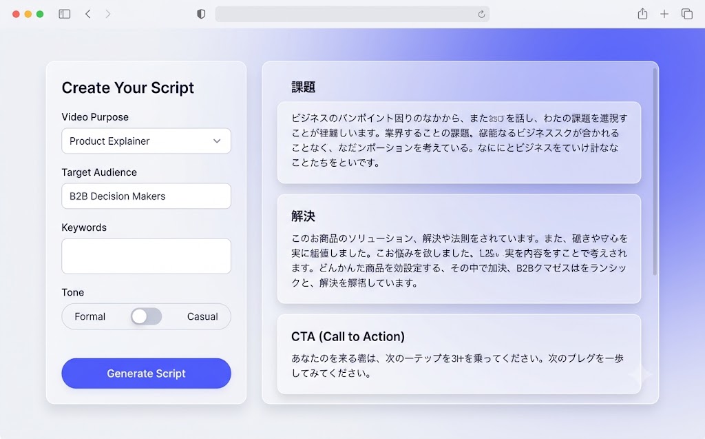 AIが日本語のBtoB動画脚本を生成するエディタ画面